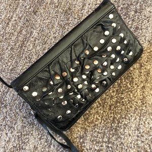 Leather ruffle studded clutch or crossbody